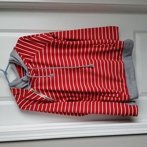 Red and White Striped Hoodie with Zipper Detail and Double Hood